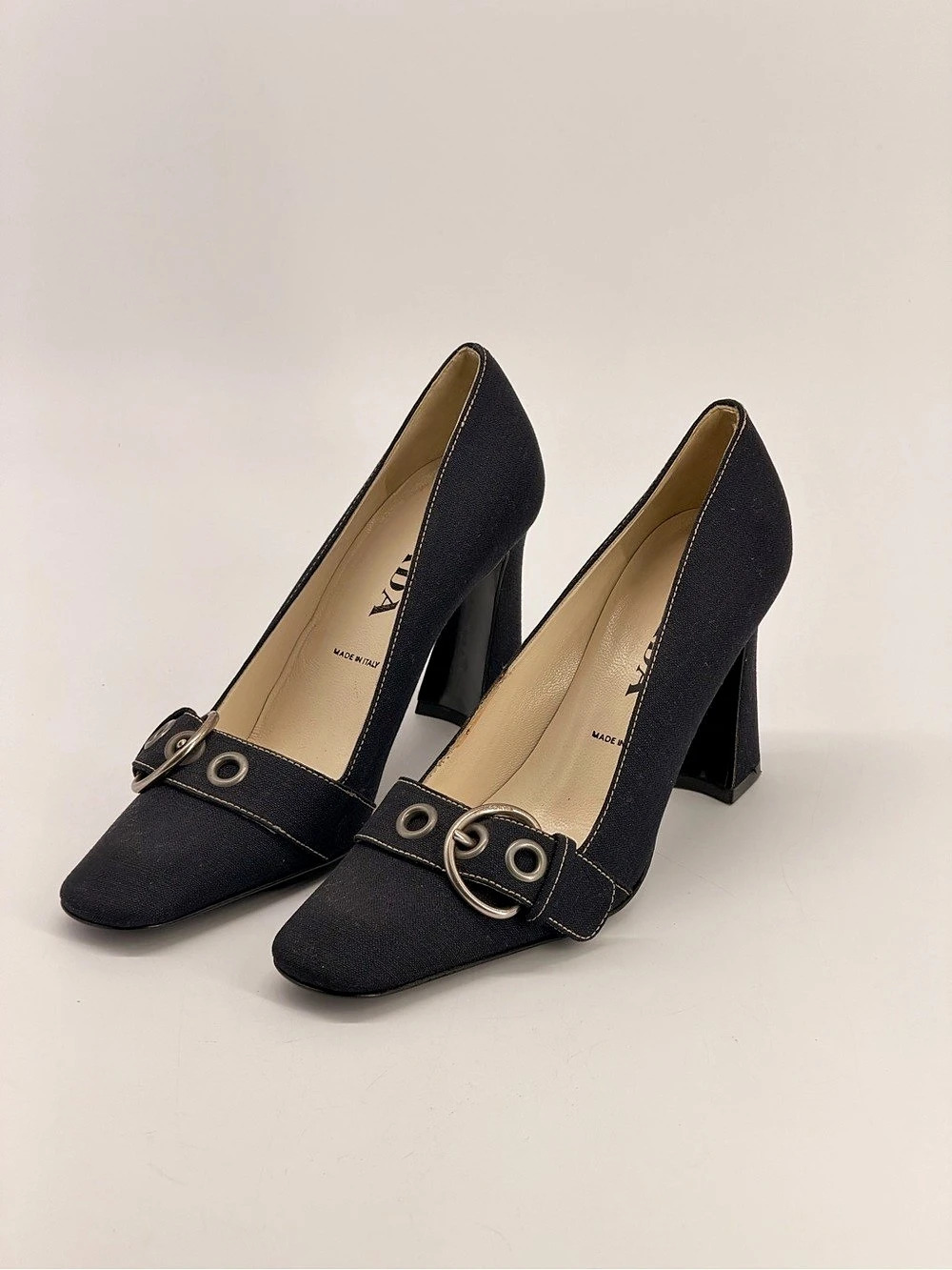 PRADA Women’s Denim Square Toe Pumps Buckle Eyelets Block Heel EU37.5